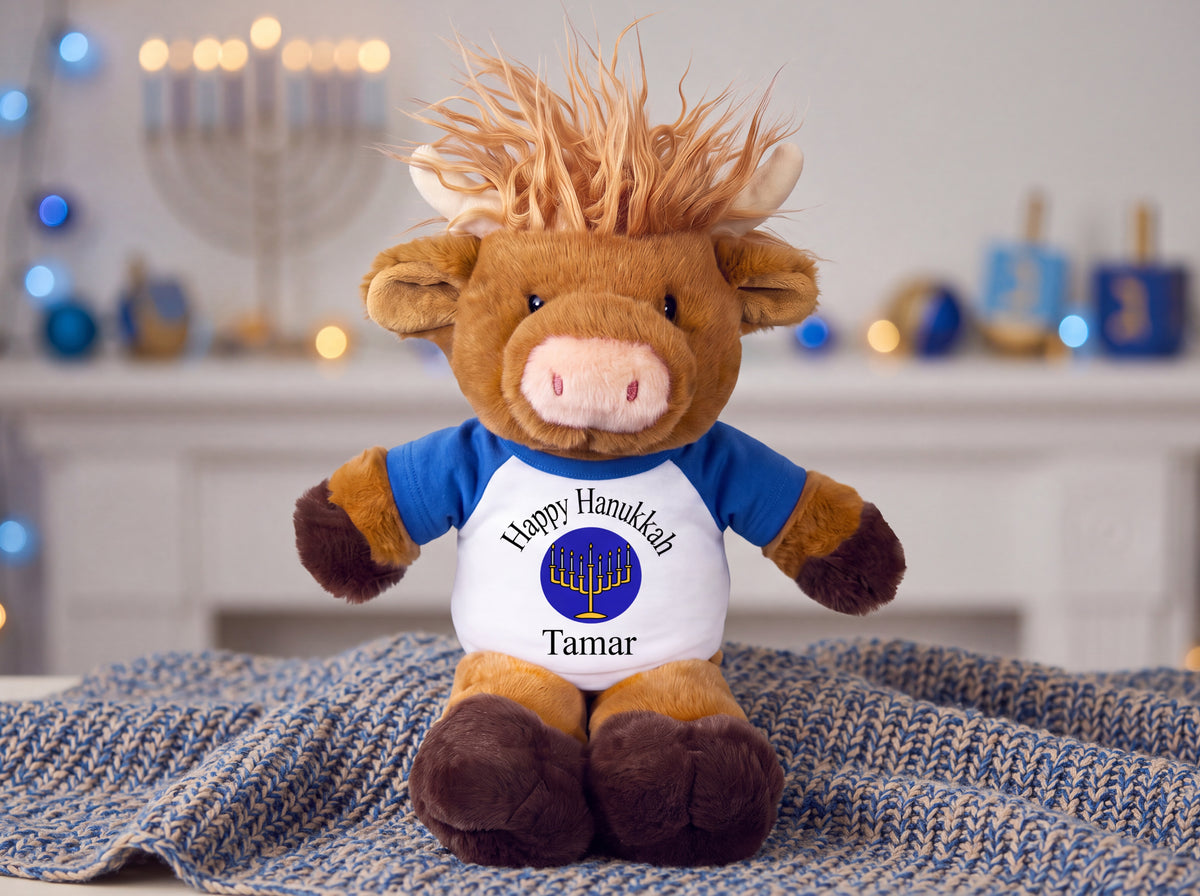 Personalized Hanukkah Stuffed Cow - 12 Inch Plush Scottish Highland Cow - Fun Hanukkah Gift