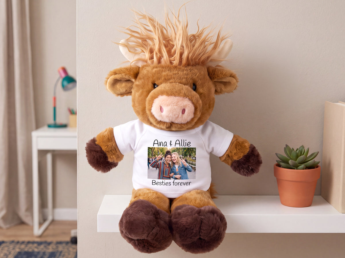 Personalized Plush Scottish Highland Cow / Mucklecoo - 12 Inches, with your custom printed photo and/or text