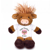 Personalized Hanukkah Stuffed Cow - 12 Inch Plush Scottish Highland Cow - White with Pink