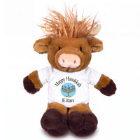 Personalized Hanukkah Stuffed Cow - 12 Inch Plush Scottish Highland Cow - White with Light Blue