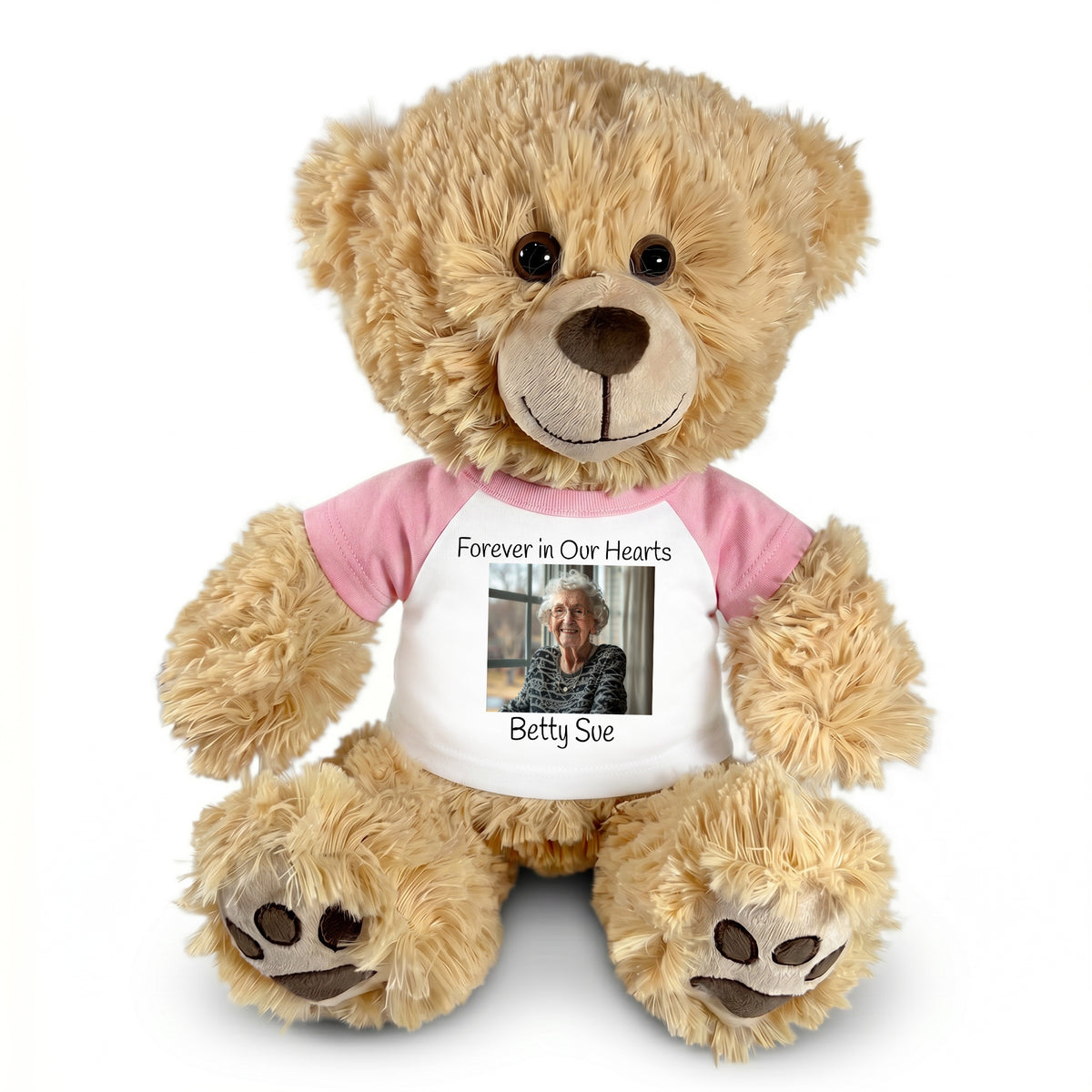 Personalized Photo Memorial Teddy Bear - 14 Inch Honey Bear - Pink Sleeved Shirt
