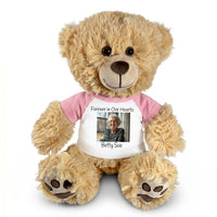Personalized Photo Memorial Teddy Bear - 14 Inch Honey Bear - Pink Sleeved Shirt

