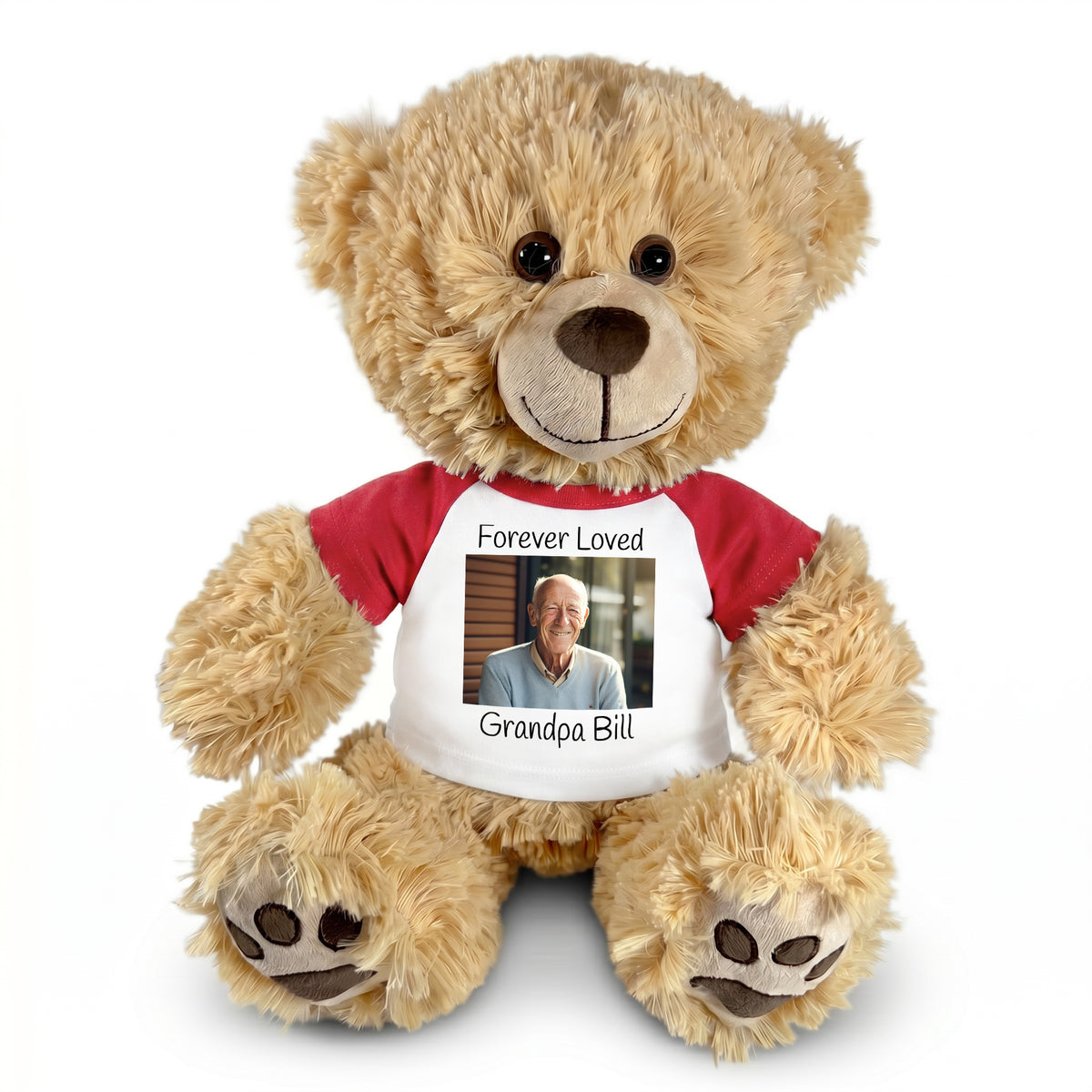 Personalized Photo Memorial Teddy Bear - 14 Inch Honey Bear - Red Sleeved shirt