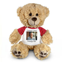 Personalized Photo Memorial Teddy Bear - 14 Inch Honey Bear - Red Sleeved shirt