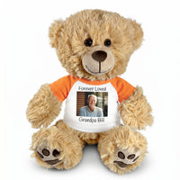 Personalized Photo Memorial Teddy Bear - 14 Inch Honey Bear - Orange Sleeved Shirt