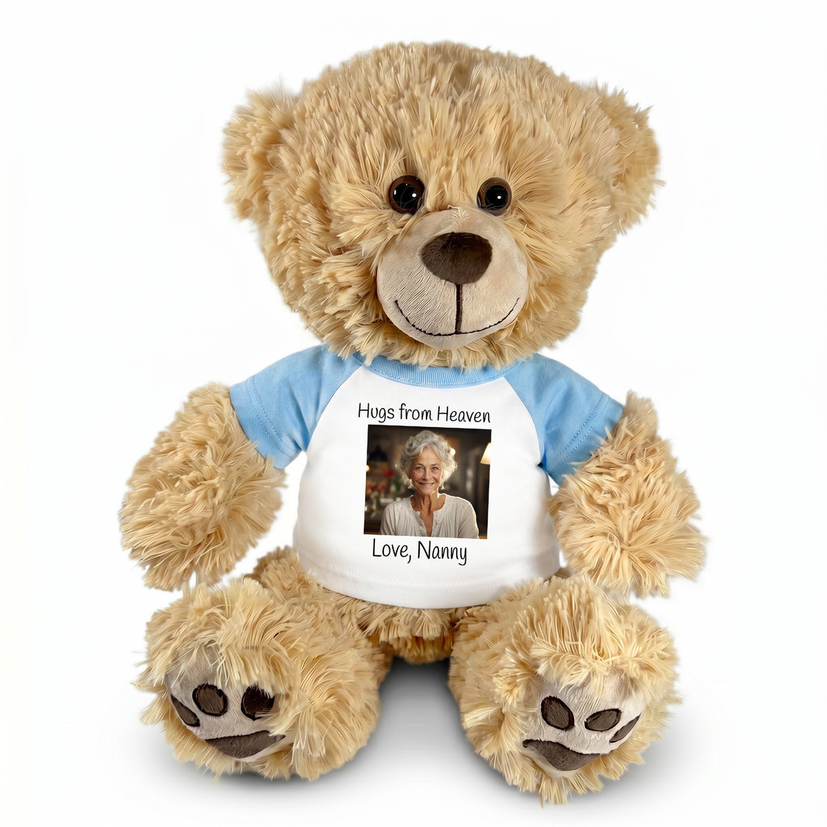 Personalized Photo Memorial Teddy Bear - 14 Inch Honey Bear - Light Blue Sleeved Shirt