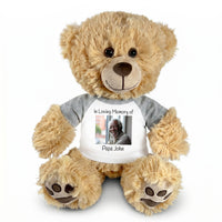 Personalized Photo Memorial Teddy Bear - 14 Inch Honey Bear - Grey Sleeved Shirt