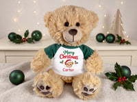 Personalized Christmas Teddy Bear - 15 Inch Honey Bear- Green shirt with Merry Christmas bear design