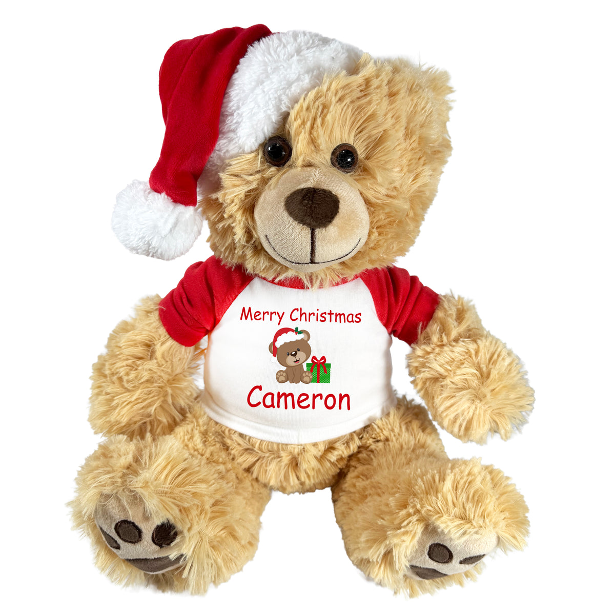 Personalized Christmas Teddy Bear - 14" Honey Bear with Santa Hat
