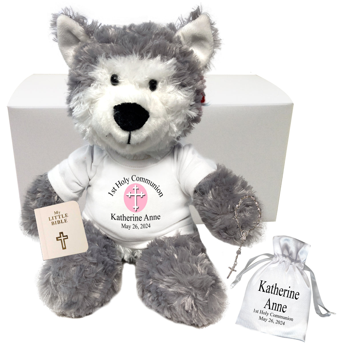 Personalized 1st Communion Wolf / Husky Dog Gift Set - 12" Plush