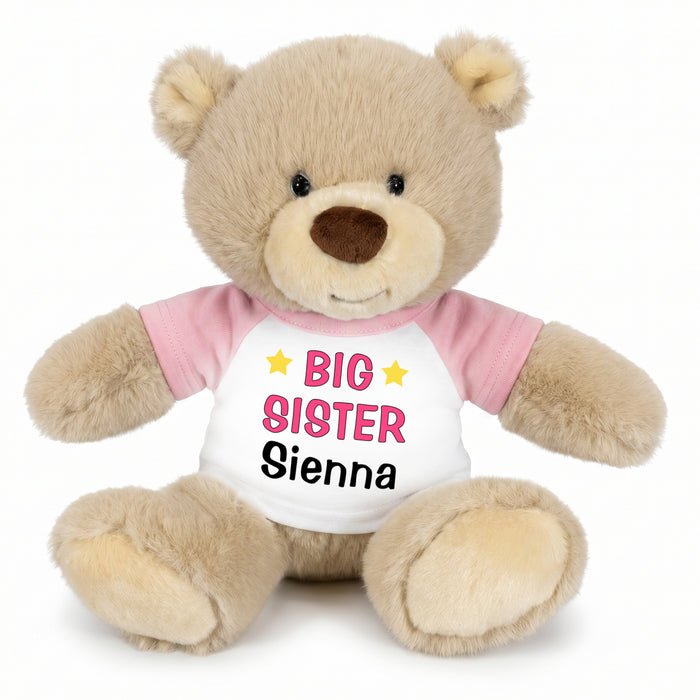 Personalized Big Sister Teddy Bear - 10 Inch Tan Nuzzles Bear - Pink