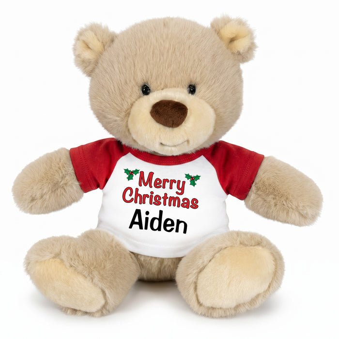 Personalized Christmas Teddy Bear - 10 Inch Tan Nuzzles Bear - Holly Design