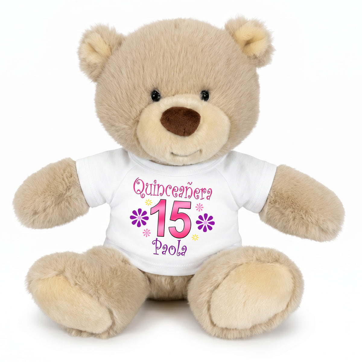 Personalized Quinceanera Teddy Bear - 10 Inch Tan Nuzzles Bear - White