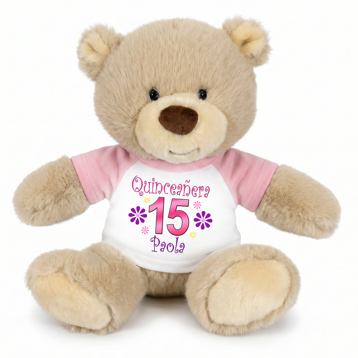 Personalized Quinceanera Teddy Bear - 10 Inch Tan Nuzzles Bear - Pink
