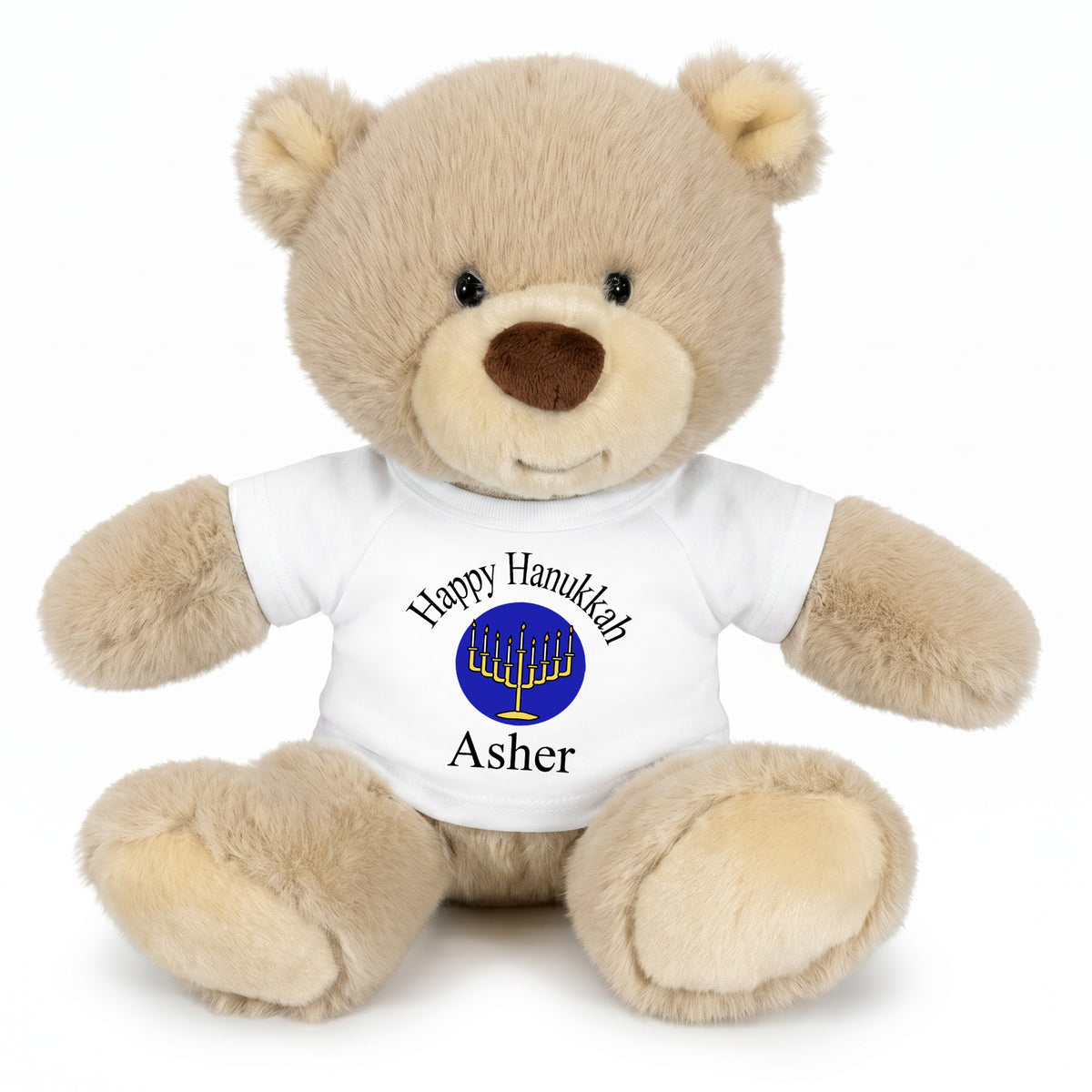 Personalized Hanukkah Teddy Bear - 10 Inch Tan Nuzzles Bear - White Shirt, Royal Design