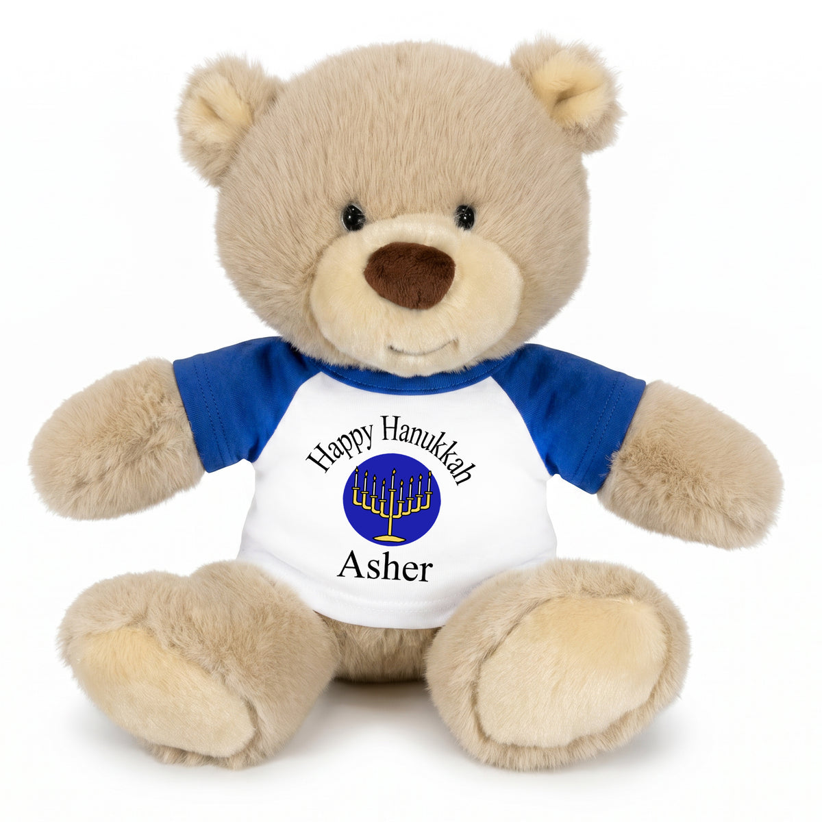 Personalized Hanukkah Teddy Bear - 10 Inch Tan Nuzzles Bear - Royal Blue Shirt, Royal Blue Design