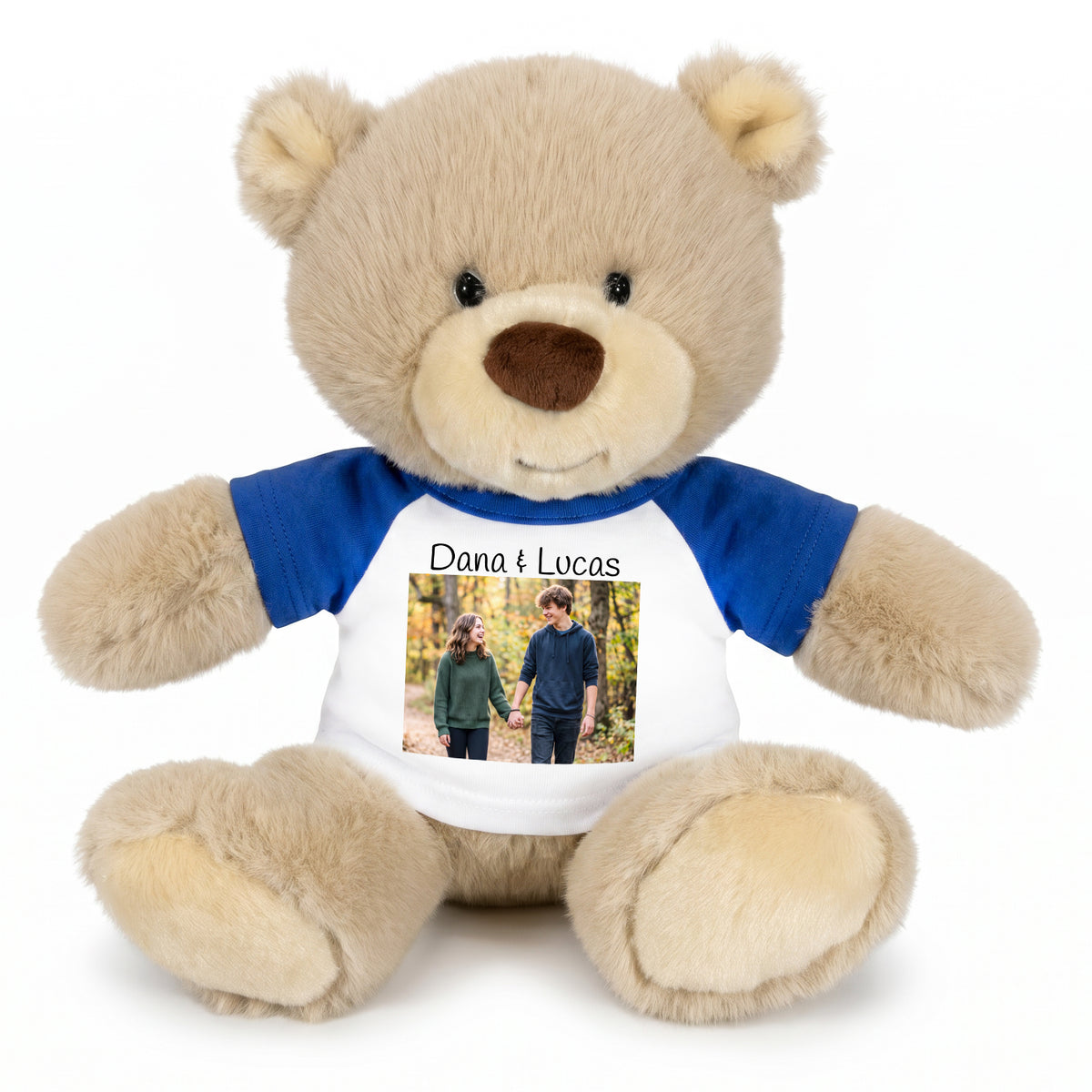 Personalized Teddy Bear - 10 inch Tan Nuzzles Bear with Photo & Custom Text - - Blue Shirt
