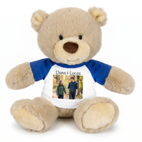 Personalized Teddy Bear - 10 inch Tan Nuzzles Bear with Photo & Custom Text - - Blue Shirt
