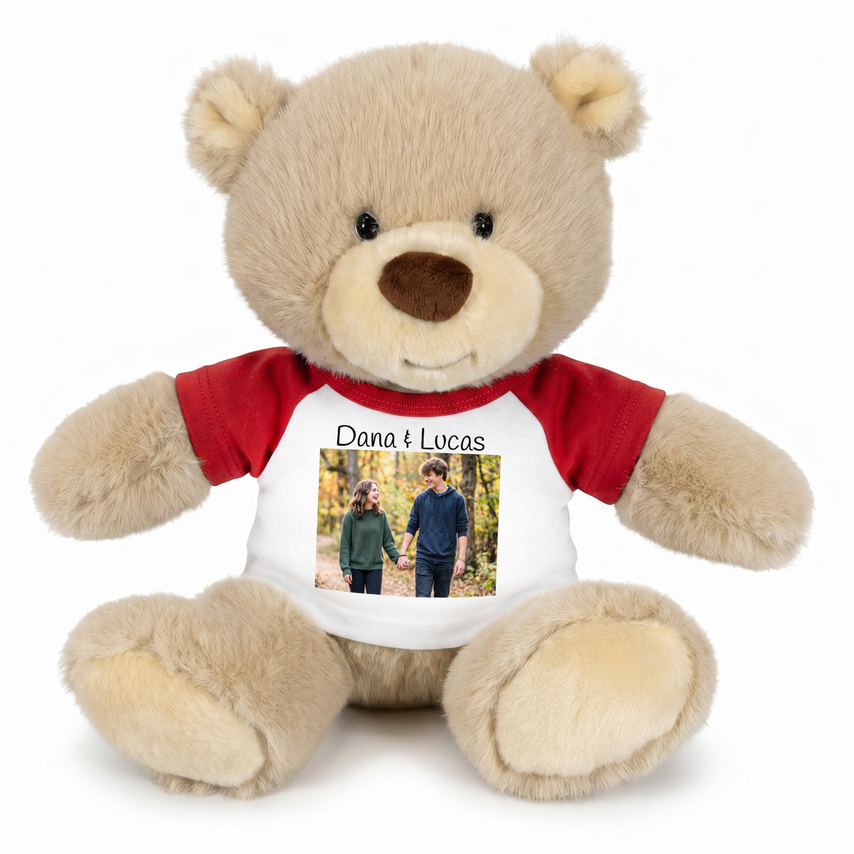 Personalized Teddy Bear - 10 inch Tan Nuzzles Bear with Photo & Custom Text - Red Shirt
