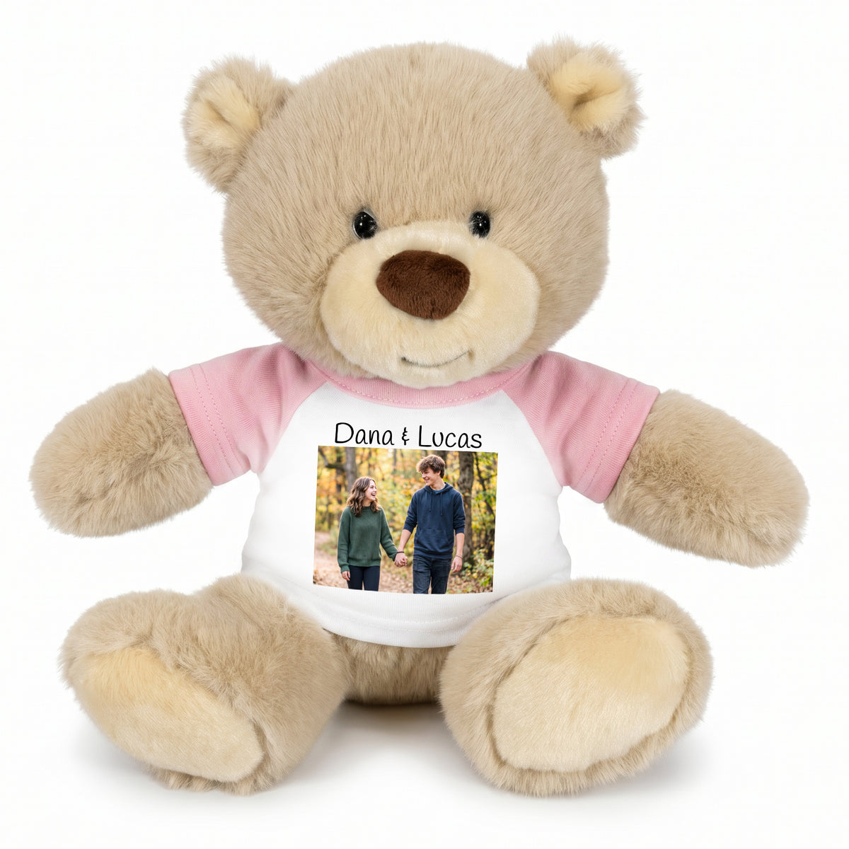 Personalized Teddy Bear - 10 inch Tan Nuzzles Bear with Photo & Custom Text - Pink Shirt