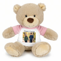 Personalized Teddy Bear - 10 inch Tan Nuzzles Bear with Photo & Custom Text - Pink Shirt