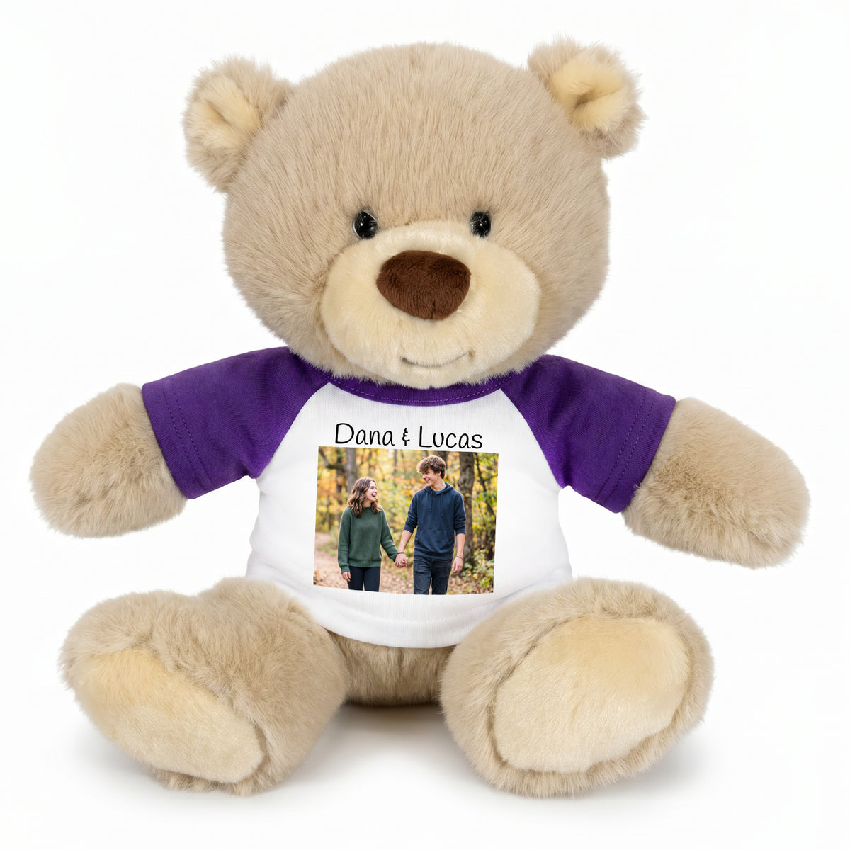 Personalized Teddy Bear - 10 inch Tan Nuzzles Bear with Photo & Custom Text -  Purple Shirt