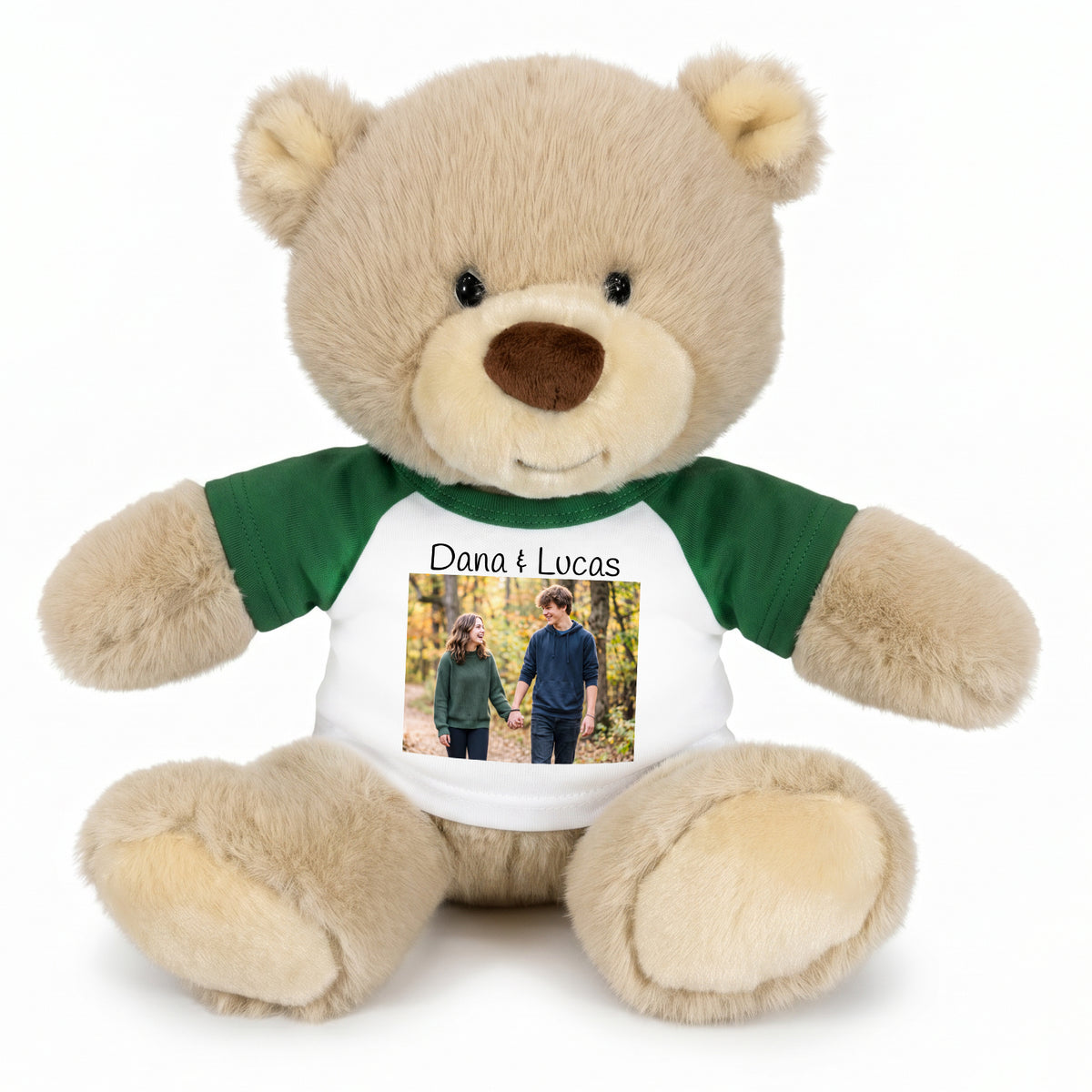 Personalized Teddy Bear - 10 inch Tan Nuzzles Bear with Photo & Custom Text - Green Shirt