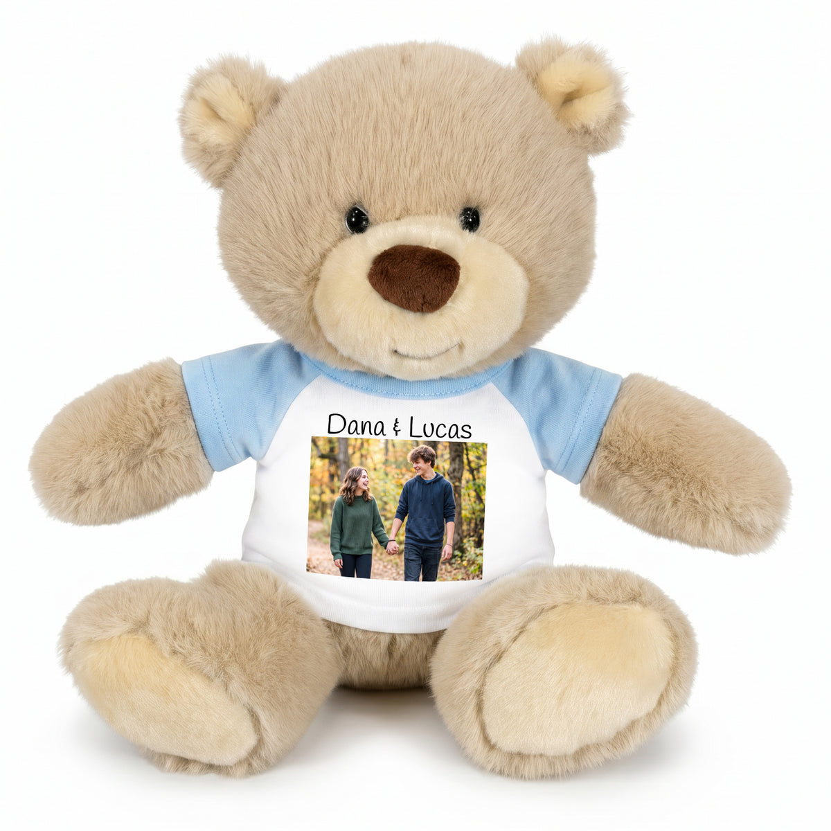 Personalized Teddy Bear - 10 inch Tan Nuzzles Bear with Photo & Custom Text - Light Blue Shirt