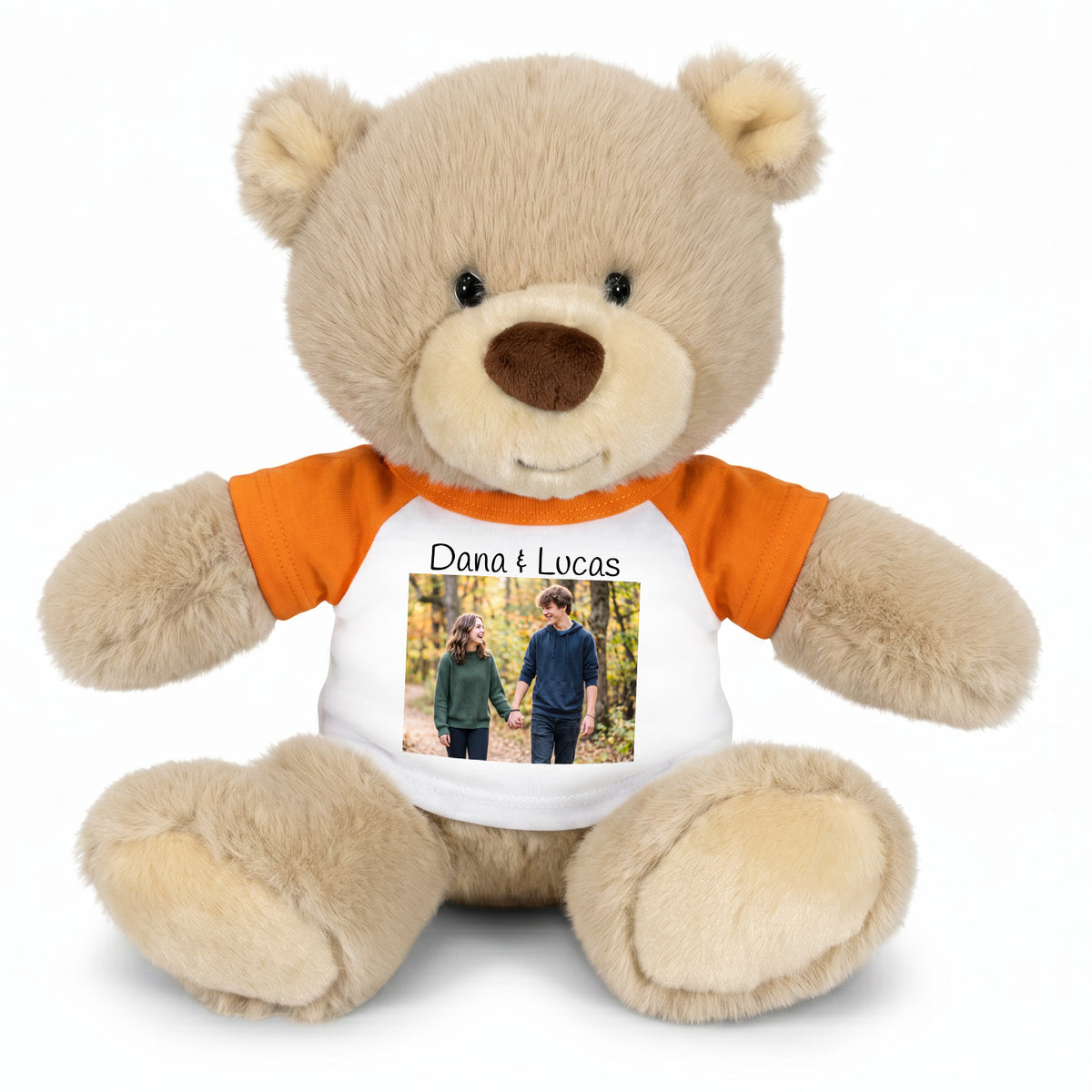 Personalized Teddy Bear - 10 inch Tan Nuzzles Bear with Photo & Custom Text - Orange Shirt