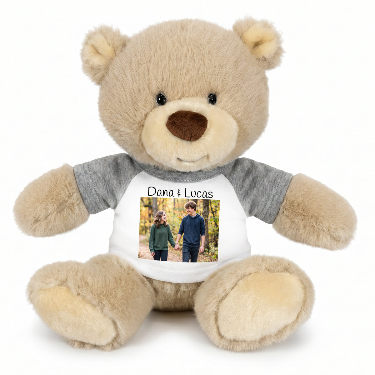 Personalized Teddy Bear - 10 inch Tan Nuzzles Bear with Photo & Custom Text - Grey Shirt