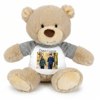 Personalized Teddy Bear - 10 inch Tan Nuzzles Bear with Photo & Custom Text - Grey Shirt