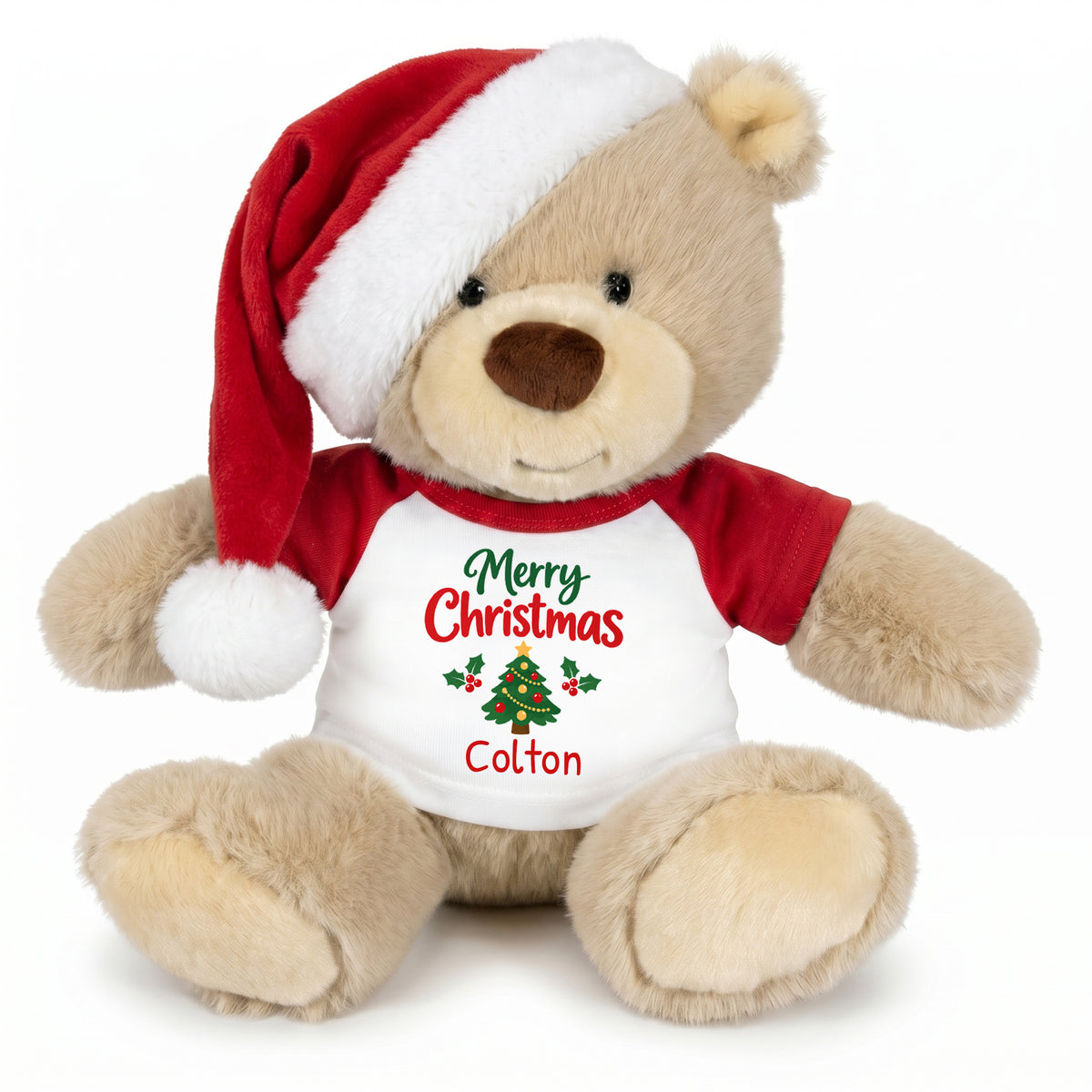 Personalized Christmas Teddy Bear - 10 Inch Tan Nuzzles Bear with optional Santa hat