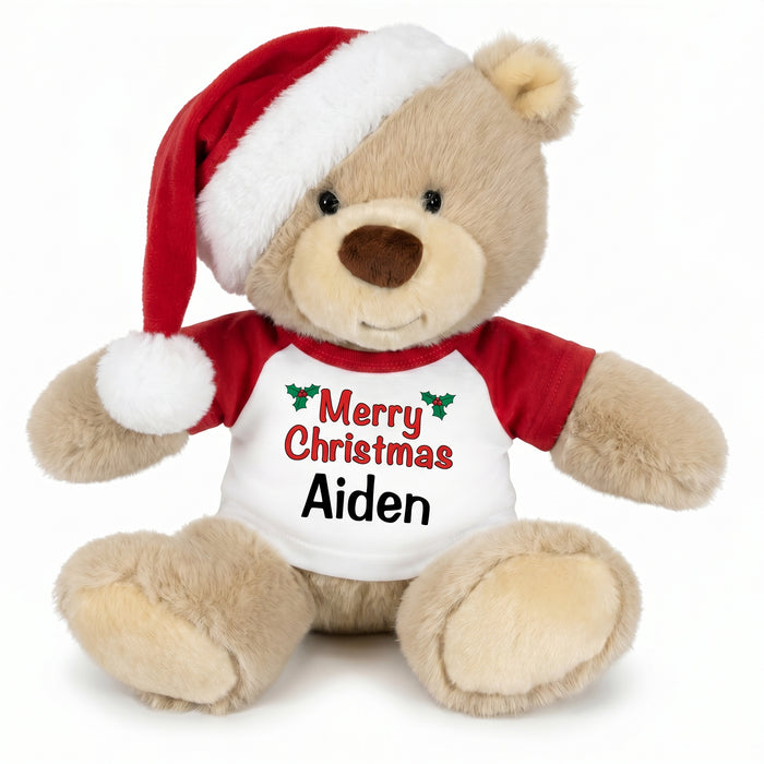 Personalized Christmas Teddy Bear - 10 Inch Tan Nuzzles Bear with Santa Hat, Holly Design