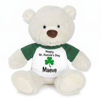 Personalized St Patricks Teddy Bear - 10 Inch White Nuzzles Bear - Green Sleeved Shirt