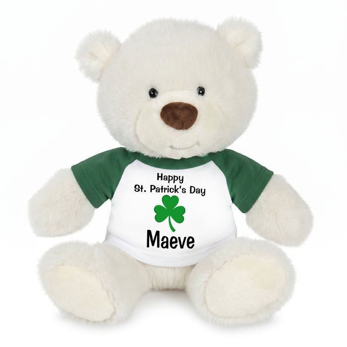 Personalized St Patricks Teddy Bear - 10 Inch White Nuzzles Bear - Green Sleeved Shirt