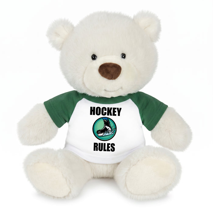 Personalized Ice Hockey Teddy Bear - 10 Inch White Nuzzles Bear - Green Shirt