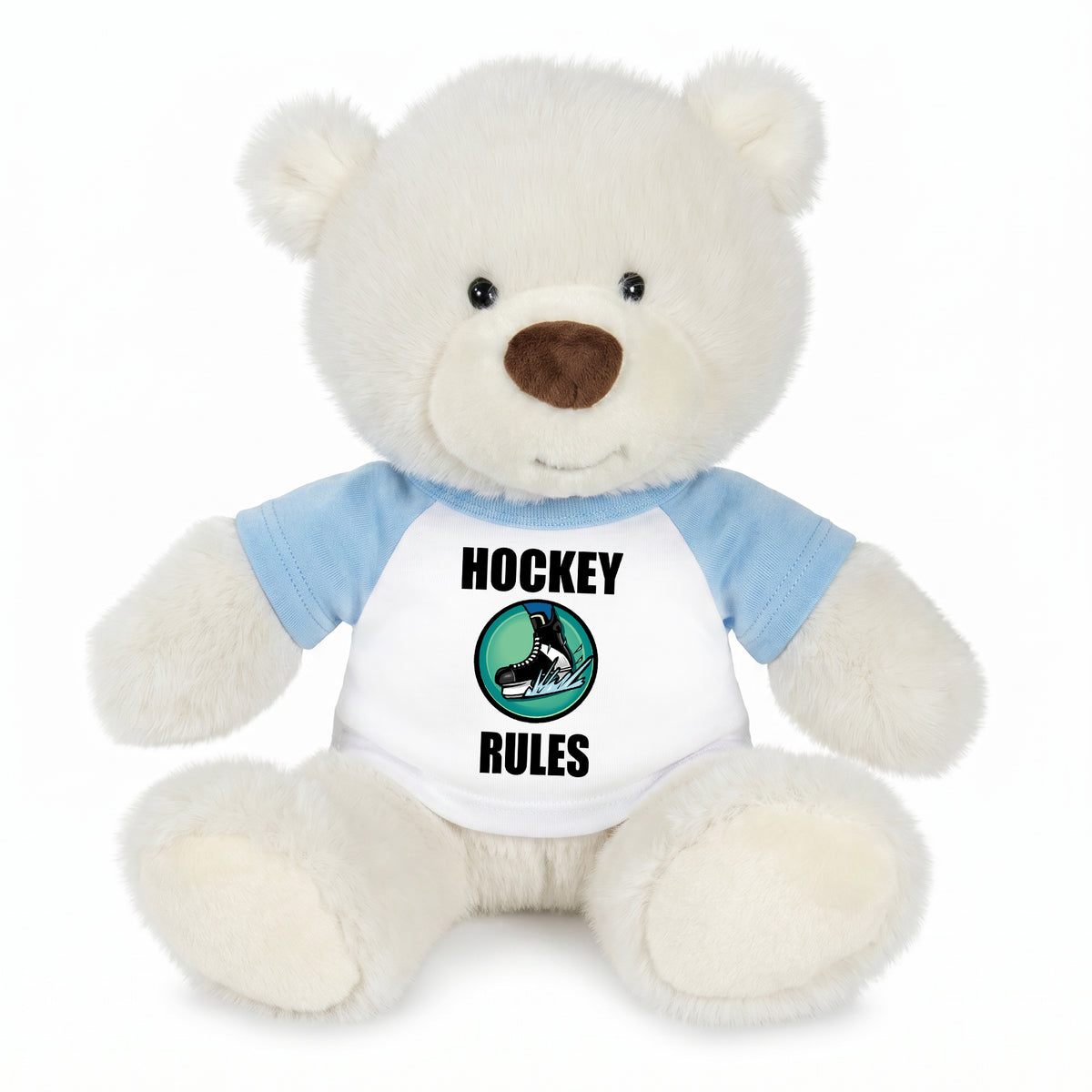 Personalized Ice Hockey Teddy Bear - 10 Inch White Nuzzles Bear - Light Blue Shirt
