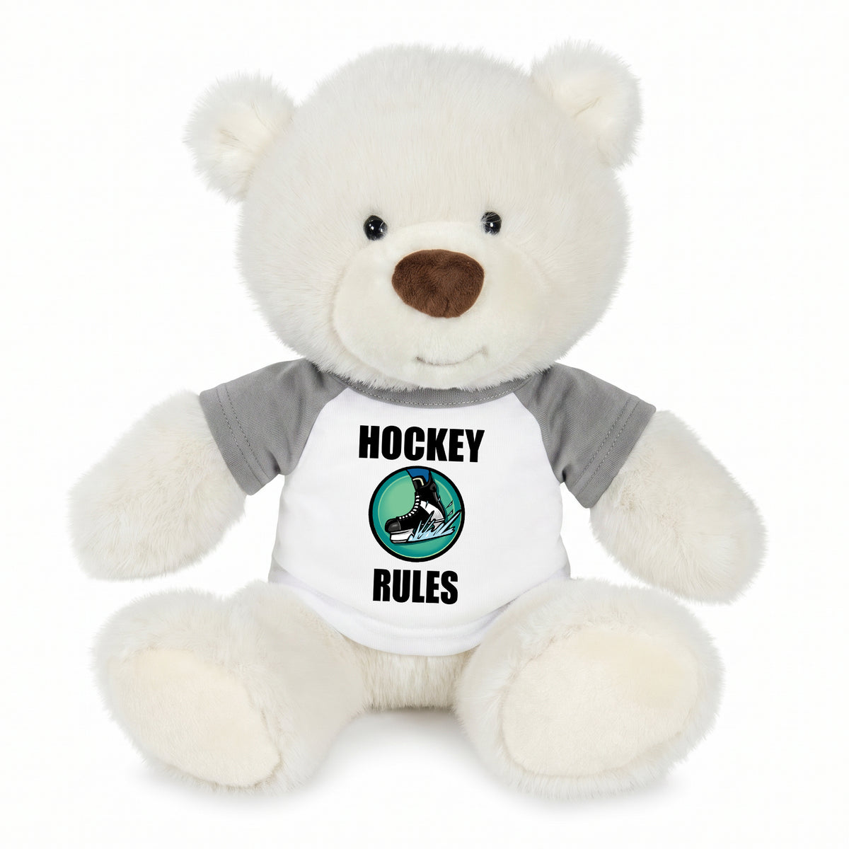 Personalized Ice Hockey Teddy Bear - 10 Inch White Nuzzles Bear - Grey Shirt