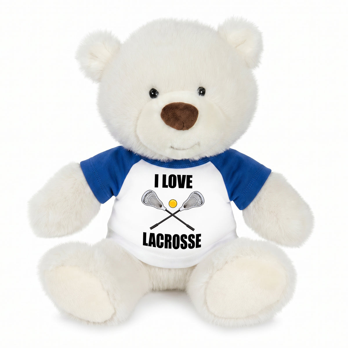 Personalized Lacrosse Teddy Bear - 10 Inch White Nuzzles Bear - Royal Blue Shirt