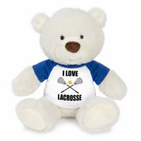 Personalized Lacrosse Teddy Bear - 10 Inch White Nuzzles Bear - Royal Blue Shirt