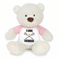 Personalized Lacrosse Teddy Bear - 10 Inch White Nuzzles Bear - Pink Shirt