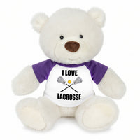 Personalized Lacrosse Teddy Bear - 10 Inch White Nuzzles Bear - Purple shirt
