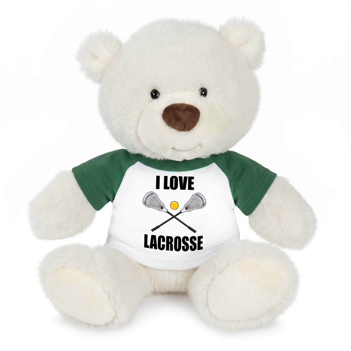 Personalized Lacrosse Teddy Bear - 10 Inch White Nuzzles Bear - Green Shirt