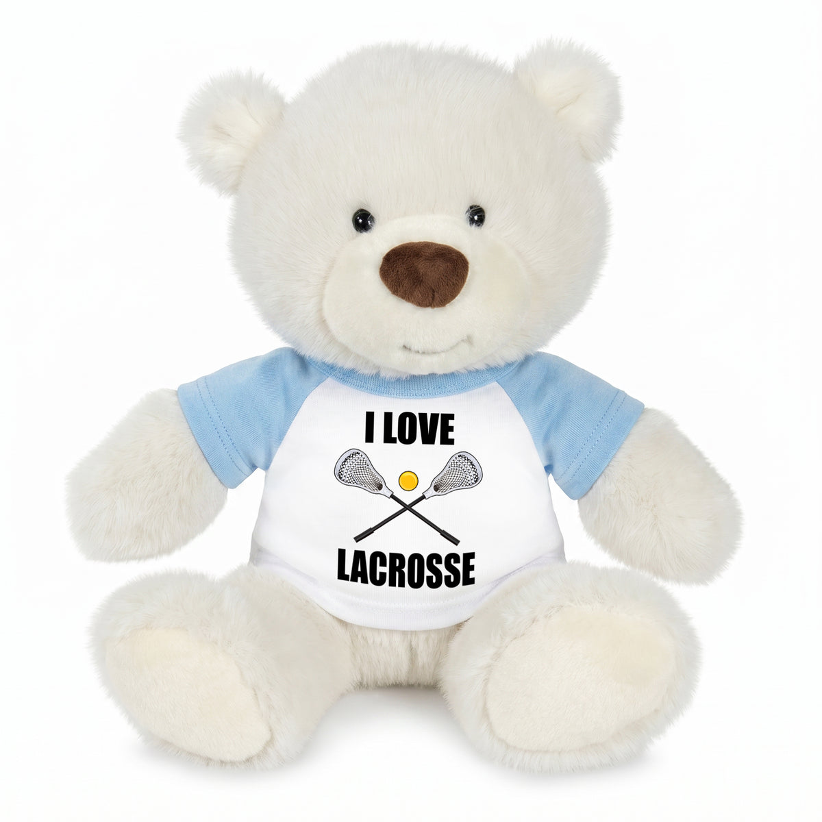 Personalized Lacrosse Teddy Bear - 10 Inch White Nuzzles Bear - Light Blue Shirt