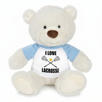 Personalized Lacrosse Teddy Bear - 10 Inch White Nuzzles Bear - Light Blue Shirt