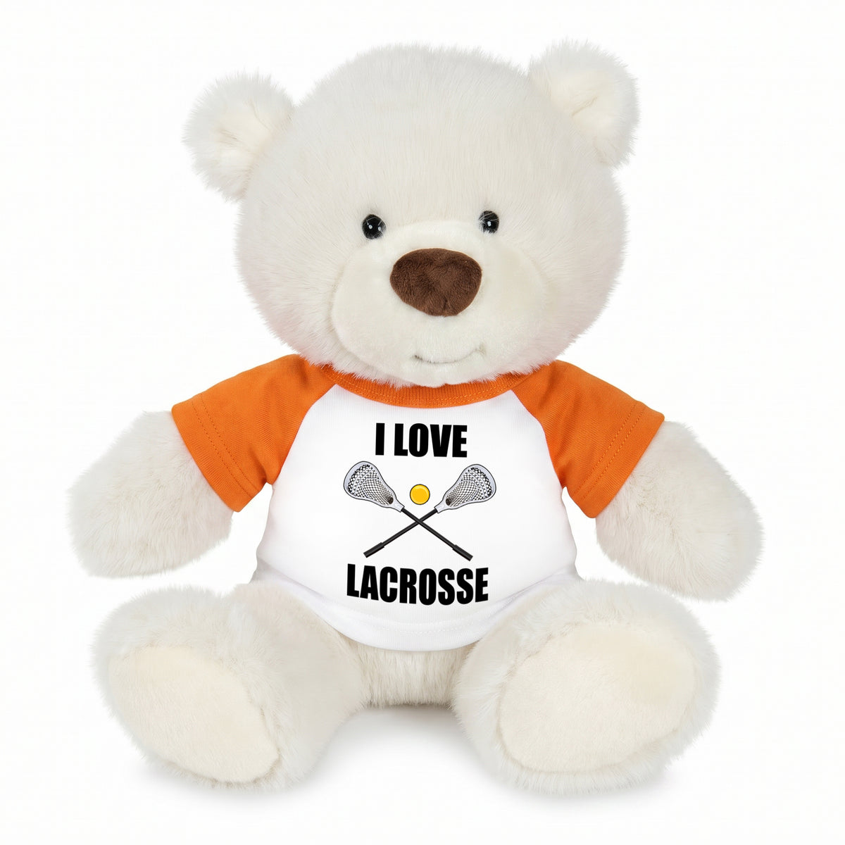 Personalized Lacrosse Teddy Bear - 10 Inch White Nuzzles Bear - Orange Shirt