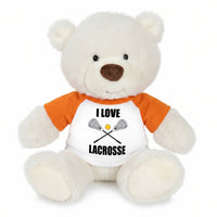 Personalized Lacrosse Teddy Bear - 10 Inch White Nuzzles Bear - Orange Shirt