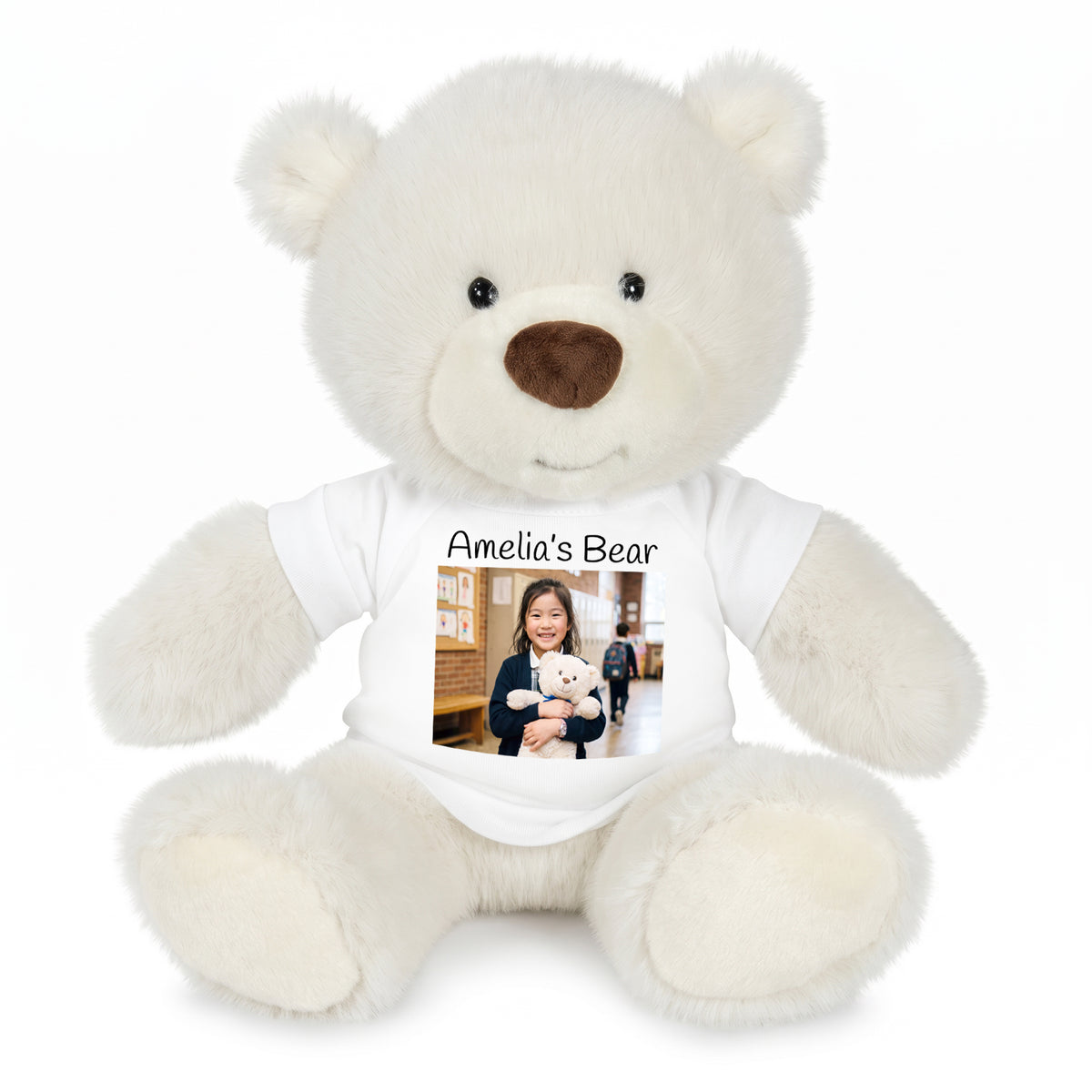 Personalized Teddy Bear - 10 inch White Nuzzles Bear with Photo & Text - White Shirt