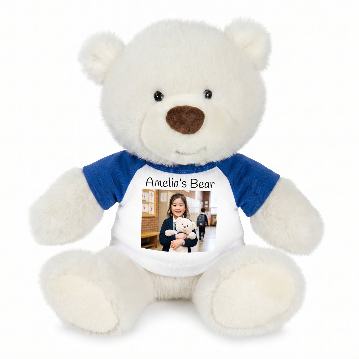 Personalized Teddy Bear - 10 inch White Nuzzles Bear with Photo & Text - Royal Blue Shirt