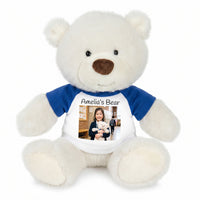 Personalized Teddy Bear - 10 inch White Nuzzles Bear with Photo & Text - Royal Blue Shirt